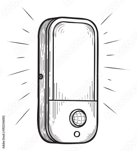 Handdrawn sketch of a portable electronic device with radiating lines, featuring a globe button, ideal for technologyrelated content and communication concepts.