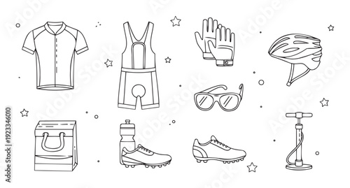 Comprehensive collection of cycling gear essentials including jersey, shorts, helmet, gloves, shoes, water bottle, and pump for active lifestyle and sports content
