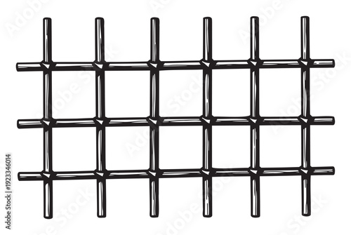 Bold black and white graphic illustrating a sturdy metal grid or lattice structure perfect for industrial architectural safety confinement or protective themed projects and backgrounds