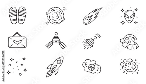 Explore a vast universe of celestial objects, alien encounters, and futuristic technology through a set of contemporary outlined glyphs ideal for modern digital projects