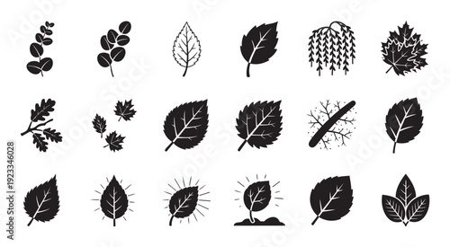 Diverse collection of monochrome leaf icons and plant silhouettes ideal for ecological branding, environmental themes, natural product packaging, and green web graphic resources