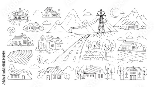 Collection of hand drawn countryside houses and rural landscape elements perfect for a coloring book activity or simple graphic resource for education and childrens projects