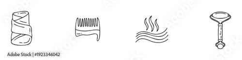 Outline illustrations of personal care items such as a wrapped towel, styling comb, warm steam symbols, and a facial massager, ideal for showcasing health and skincare services and product