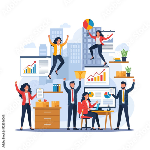 Successful business team celebrating achievements and growth in a dynamic office environment