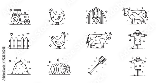 A comprehensive collection of farming and agriculture related line icons depicting farm animals, tools, and structures, perfect for rural lifestyle web pages, educational materials, or