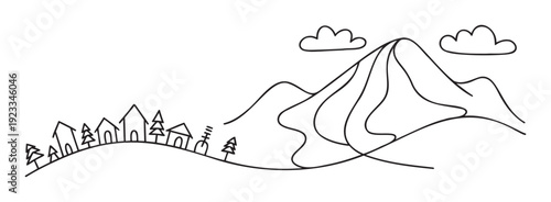 A simple black line drawing outlining a tranquil village nestled among trees and hills with majestic mountains and fluffy clouds in the background, perfect for calm nature themes.