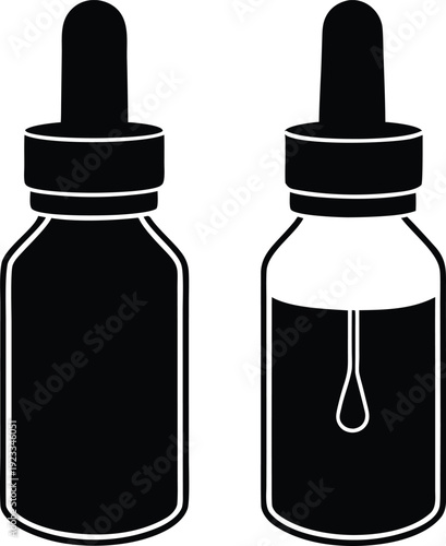 Two black dropper bottles one empty and one with liquid inside
