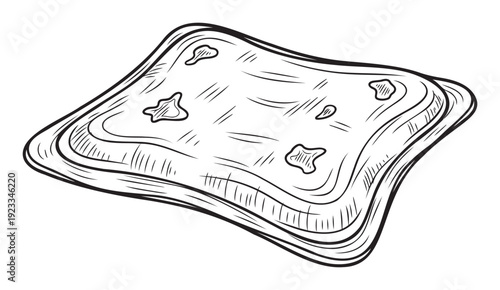 Simple black and white line drawing of a rustic square bread slice or cracker perfect for food packaging layouts menu graphics or culinary blog visuals
