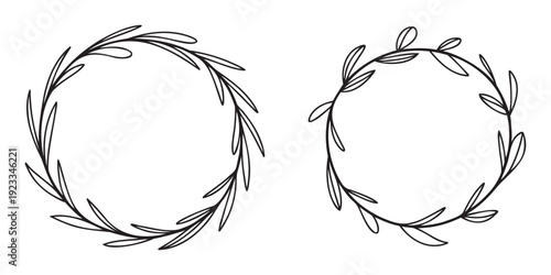 Simple hand drawn leaf wreaths providing delicate natural borders suitable for rustic event decorations, branding, or subtle graphic design projects.