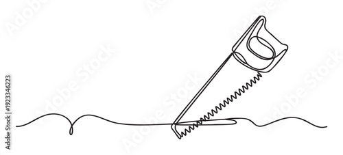 Continuous line drawing of a hand saw cutting through a wavy surface, perfect for conveying themes of construction, craftsmanship, or problemsolving in modern business presentations and
