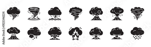 Powerful collection of natural disaster and destructive event icons including tornados, volcanic eruptions, floods, and explosions, perfect for warning systems, educational materials, and
