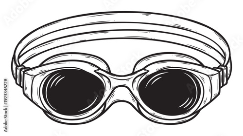 Classic black and white line drawing of a pair of swimming goggles for aquatic sports and pool activities suitable for athletic training and water recreation projects
