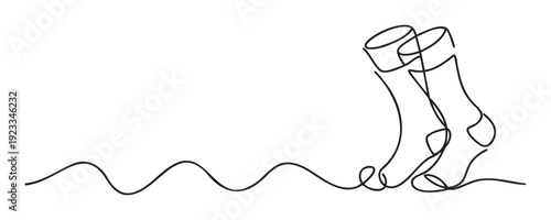 Minimalist continuous line drawing depicting a pair of socks, perfect for clothing advertisements, home goods promotions, or lifestyle content related to comfort and relaxation.