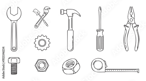 Essential collection of hand tools and hardware components perfect for illustrating themes of home improvement, repair, construction, engineering, or DIY projects