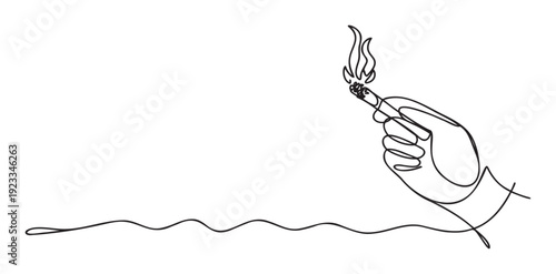 Abstract one line drawing of a human hand holding a bright burning match generating a dynamic wavy path representing ideas of ignition and potential
