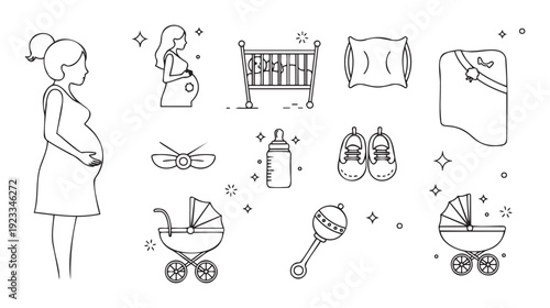 Pregnant woman and various baby care items depicted in a modern line art style, suitable for maternity health websites, newborn product packaging, and parenting guides.