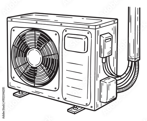Durable exterior air conditioner unit with fan and piping connections for residential and commercial heating ventilation and air conditioning system schematics and home appliance