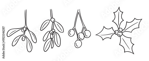Festive outline drawings of traditional Christmas mistletoe and holly berries, perfect for holiday greeting decorations, seasonal invitations, and winter craft projects.