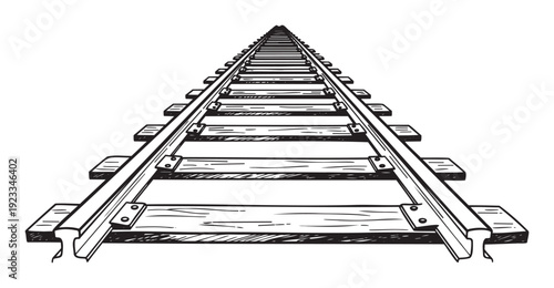 Visualize forward movement and transportation with this hand drawn perspective of a classic railway track extending into the distance, ideal for projects depicting journeys or industrial