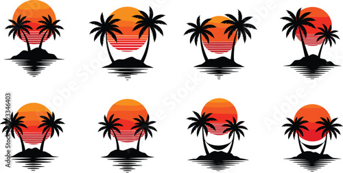Tropical Sunset Palm Tree Silhouette Set with Island Beach Reflections Summer Vacation Logos and Exotic Nature Scene Vector Collection