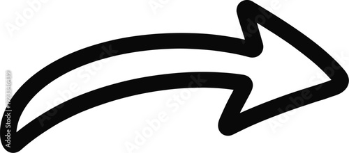 Black hand drawn curved arrow icon pointing right isolated on white background minimalist directional symbol for navigation and creative design.