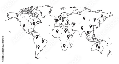 Worldwide continental map with numerous black location markers indicating global points of interest perfect for international business presentations and geographical educational resources.