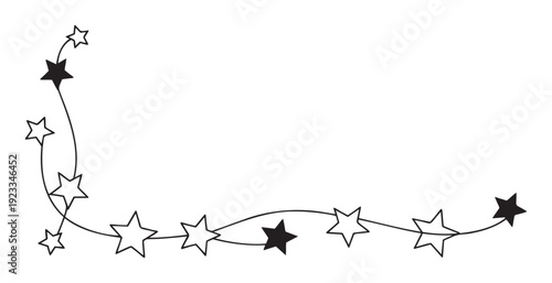 Charming star garland border featuring a playful mix of solid black and hollow outline stars connected by curved lines, ideal for festive banners, invitations, or seasonal announcements.