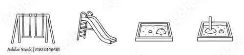 Simple line drawings of various playground equipment including swings a slide and sandboxes perfect for childrens outdoor activity themes or recreation facility graphics