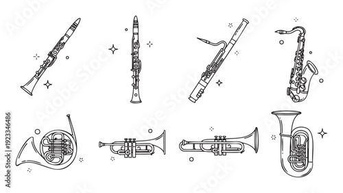 Line art depiction of orchestral wind and brass instruments like flute, clarinet, bassoon, saxophone, french horn, trumpet, and tuba for music education and entertainment media.