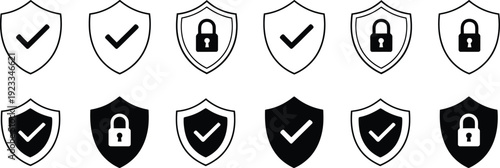 Set of black and white shield icons featuring check marks and padlocks isolated on white background for cyber security design.