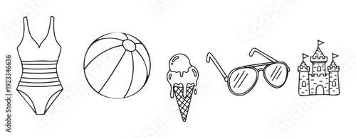 Monochrome outlines of essential summer vacation items including a swimsuit, beach ball, melting ice cream, sunglasses, and sandcastle, perfect for holiday promotions and travelthemed