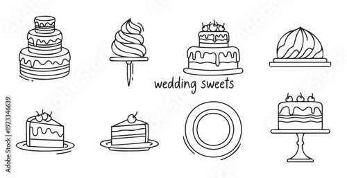 A comprehensive collection of handdrawn wedding cake and dessert doodles, perfect for menu design, party invitations, bakery branding, or sweet shop promotions.