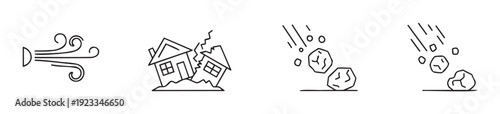 A set of minimal line icons depicting natural disasters including wind, earthquake, and rockfall, perfect for emergency alert systems, educational materials, or risk management graphics.