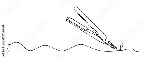 A continuous single line art drawing depicting a modern flat iron hair styling appliance with a flowing wavy line, ideal for professional cosmetology marketing and hair care product