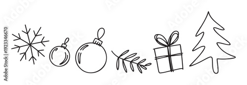 Hand drawn winter and Christmas holiday season celebration elements like a snowflake, ornaments, tree, branch, and gift box perfect for festive greeting decorations or seasonal promotional