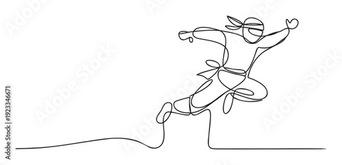 Dynamic continuous line drawing of a person in a powerful martial arts jump, ideal for sports branding, actionoriented digital campaigns, and fitness promotional materials.