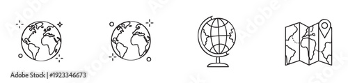 Collection of world globe and folded map line icons perfect for travel industry promotions educational materials and international business presentations