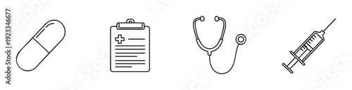 Essential medical healthcare symbols including a capsule, patient record clipboard, doctor stethoscope, and a syringe suitable for various health application interfaces
