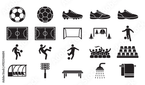 Soccer and futsal sport equipment and player activity icons for game related infographic presentations and digital application interfaces