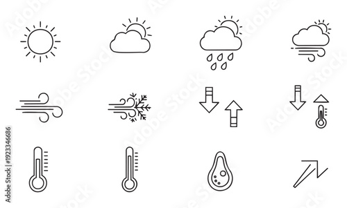Weather and temperature forecast line icons depicting sun, clouds, rain, wind, snow, and thermometers for climate applications and informational graphics