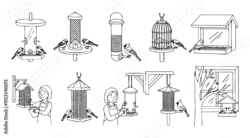 Collection of line drawings depicting different types of bird feeders and various birds feeding, suitable for educational resources, nature guides, and outdoor hobby content