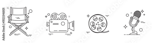 Modern line icons depicting directors chair, film camera, movie reel, and studio microphone, perfect for entertainment industry projects, film production branding, or mediarelated digital