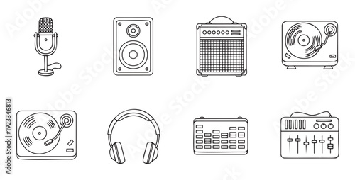 Line vector icons of music and audio equipment featuring microphone speaker amplifier turntable headphones equalizer and mixer for sound engineering and entertainment industry applications.