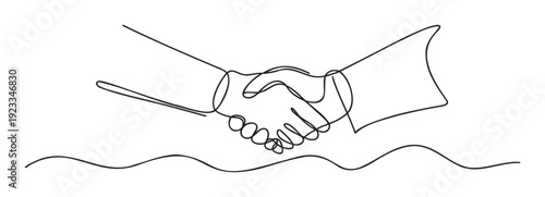 Continuous line drawing of two hands shaking, symbolizing agreement, partnership, and successful teamwork, suitable for business presentations and corporate communications.