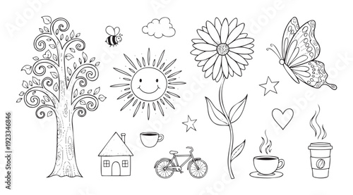 Charming handdrawn outline doodles of nature elements and everyday objects, including a tree, sun, flower, and coffee cups, perfect for kids projects or graphic designs.