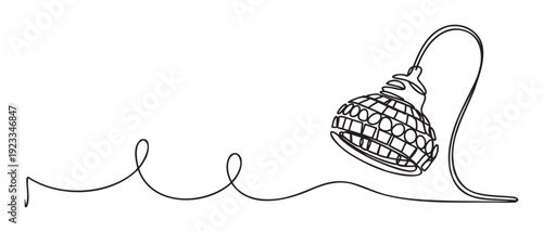 Minimalist continuous line drawing of a modern floor lamp featuring a geometric patterned shade and a long wavy power cable, ideal for contemporary interior decor or lighting fixture