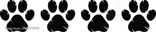 Set of four black paw print silhouettes with scratch details isolated on white background symbol for animal tracks and pets.