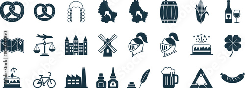 German Culture Icon Set Featuring Oktoberfest Symbols, Traditional Food, Beer, Landmarks, and Bavarian Heritage Elements for Travel and Festival Design