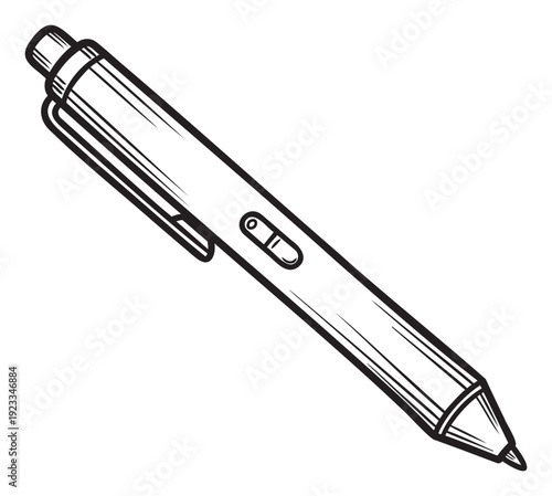 Simple black outline drawing of a modern click pen with a functional clip, perfect for graphic projects, stationery illustrations, office supply catalogs, or educational materials.