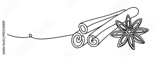 A stylized continuous line drawing showcasing aromatic cinnamon sticks and a star anise, perfect for culinary blogs, spice packaging, recipe illustrations, or minimalist kitchenthemed